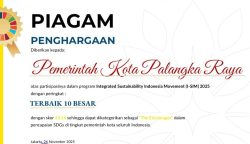 Kota Palangka Raya Raih Penghargaan 10 Besar Kota Berkelanjutan Nasional