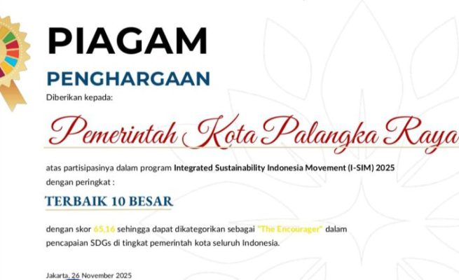 Kota Palangka Raya Raih Penghargaan 10 Besar Kota Berkelanjutan Nasional